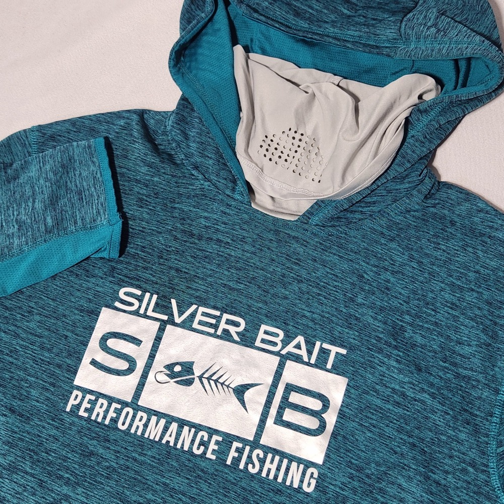 Silver Bait Performance Fishing Hoodie Mens Large Teal Blue Sun Shirt Gaiter UPF